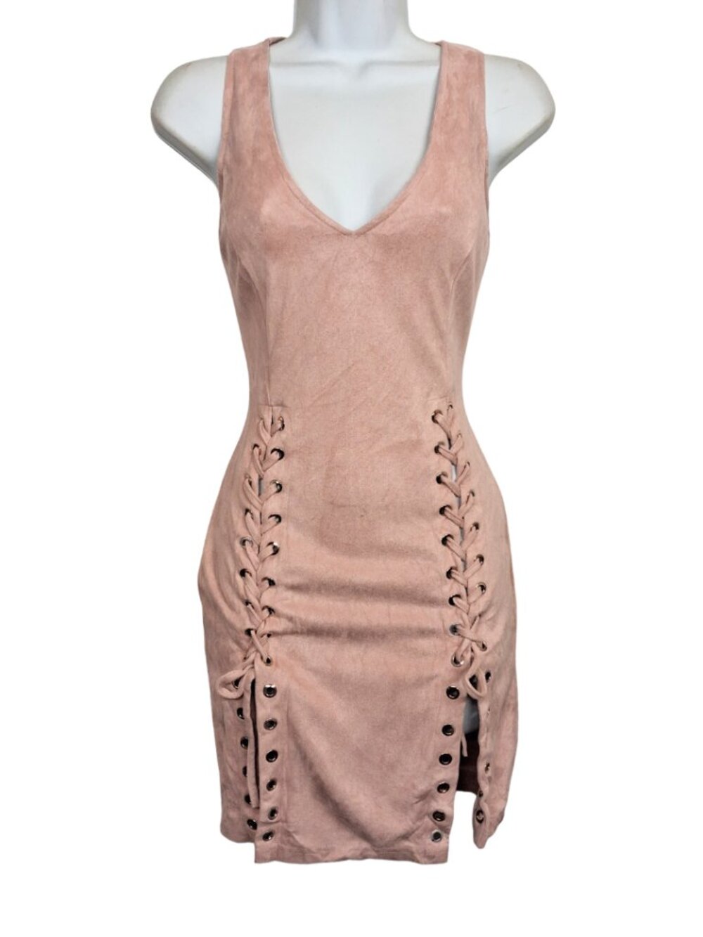 HERA COLLECTION Mini Dress Pink Lace-Up Suede Bodycon Cocktail Party Sleeveless